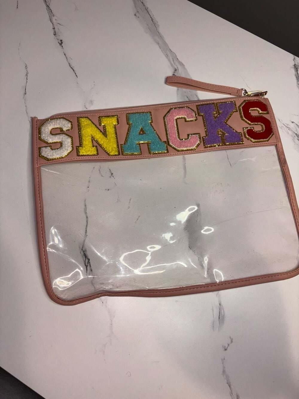 Nylon Letter Clear Zipper Pouch Bag, PVC Makeup/Snack Bag, Pink,
